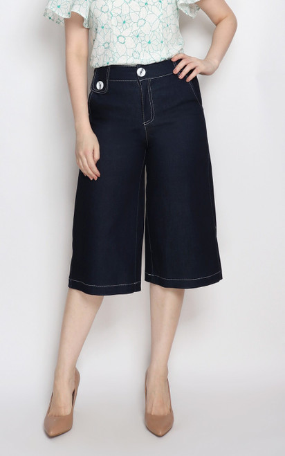 Belted Contrast Stitch Denim Culottes 