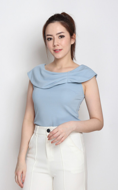 Asymmetrical Foldover Neck Top - Blue