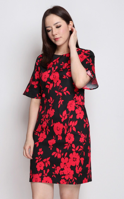 Flared Sleeves Shift Dress - Black