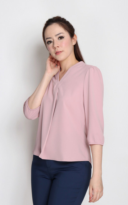 V-Neck Pleat Top - Dusty Pink