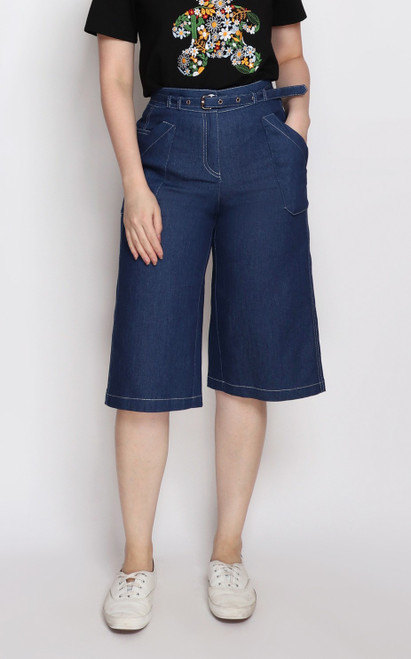 Belted Contrast Stitch Denim Culottes, Singapore Online Boutique Office  Wear