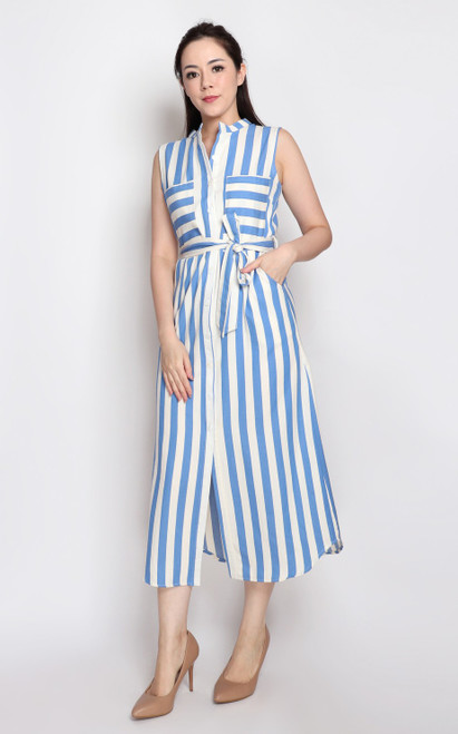 Striped Linen Shirt Dress - Sky Blue