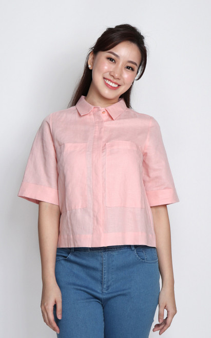 Patch Pockets Linen Shirt - Pink