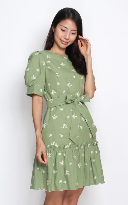 Floral Embroidered Dress - Sage