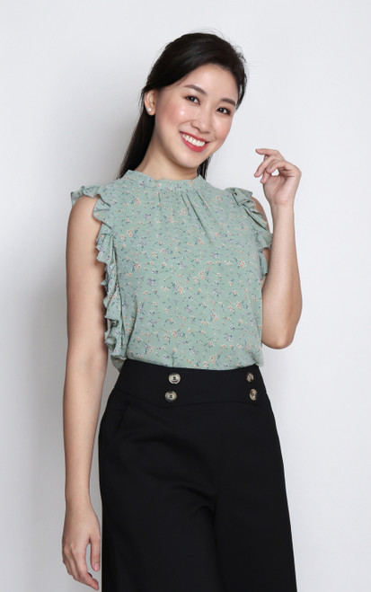 Floral Ruffle Sleeves Top - Mint
