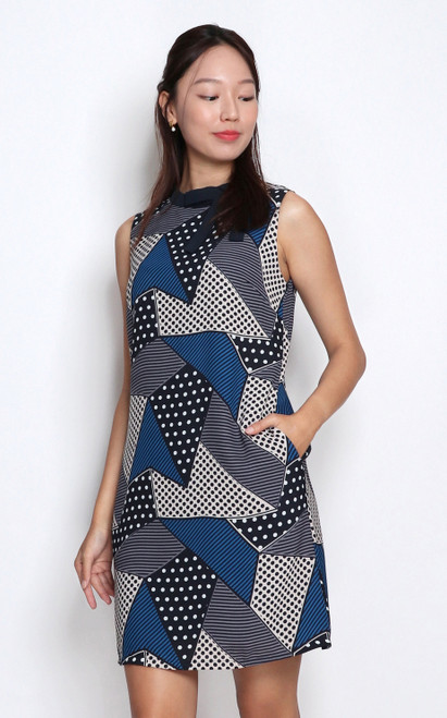 Abstract Blocks Shift Dress - Blue