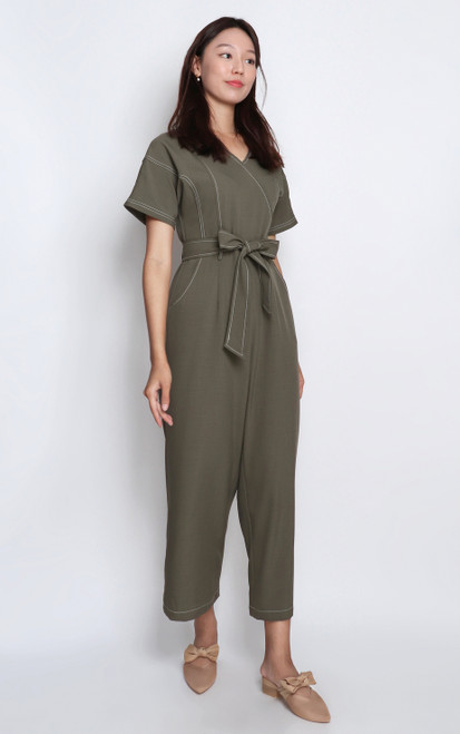 Contrast Stitch Jumpsuit - Olive