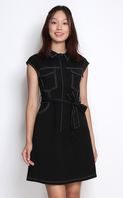 Collared Top Stitched Dress - Black