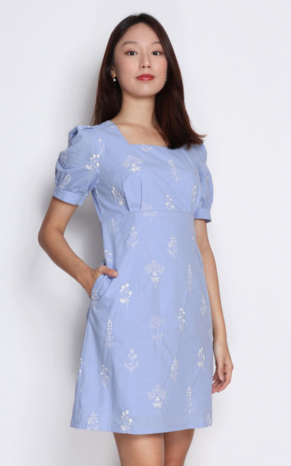 Embroidered Empire Waist Dress - Periwinkle