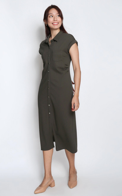 Side Ruched Collared Dress - Olive