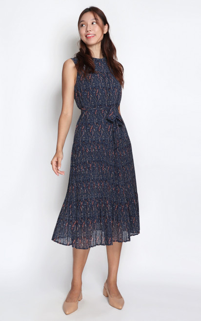 Pleated Chiffon Midi Dress - Navy