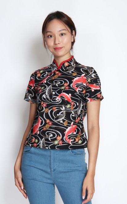 Prosperity Fish Cheongsam Top - Black