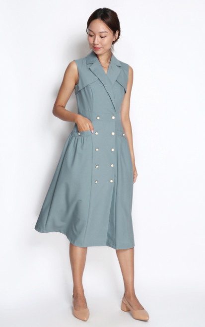 Buttons Trench Dress - Blue