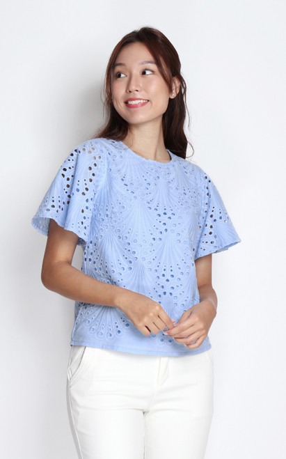 Eyelet Flutter Sleeves Top - Blue