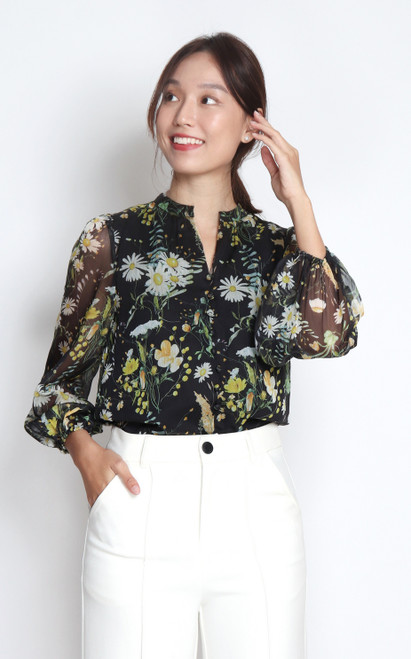 Floral Notch Neck Top - Black