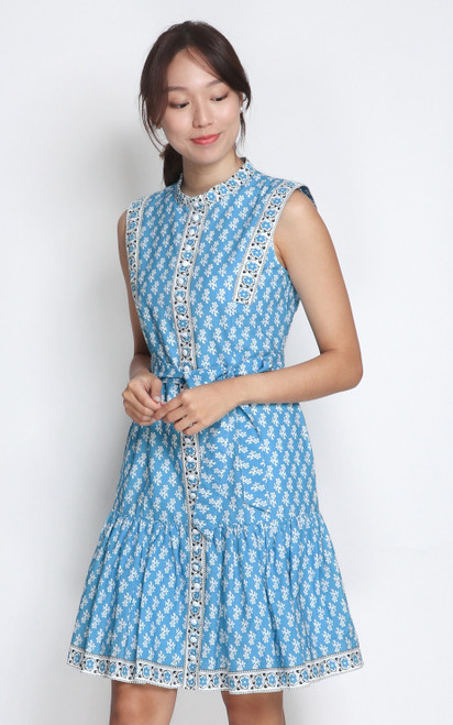Block Print Dress - Blue
