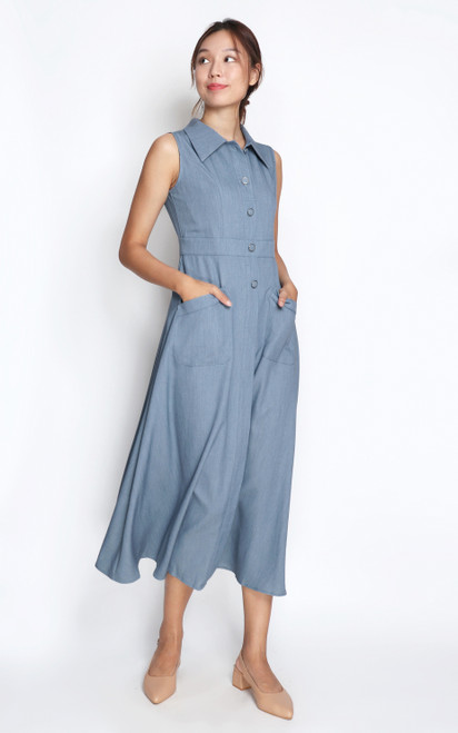 Collared Maxi Dress - Denim Blue