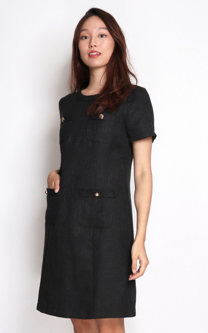 Tweed Pockets Shift Dress - Black