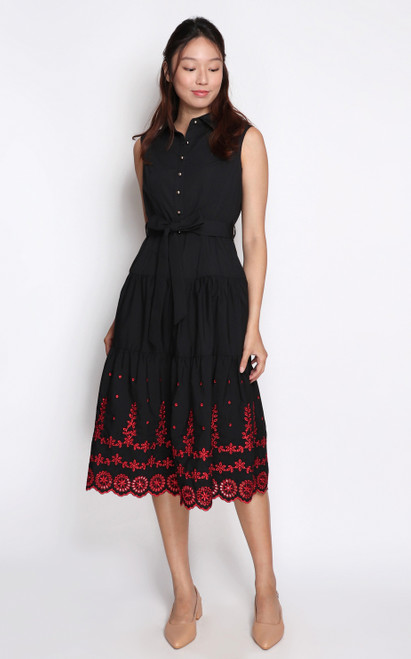 Contrast Embroidery Midi Shirt Dress