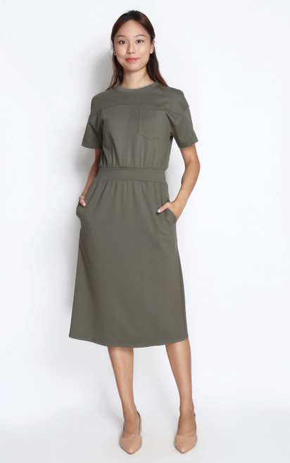 Banded Waist Tee Dress - Olive 