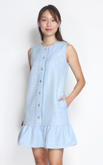 Ruffle Hem Tweed Dress - Baby Blue