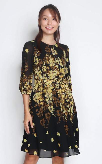 Floral Waist Chiffon Dress – Marigold