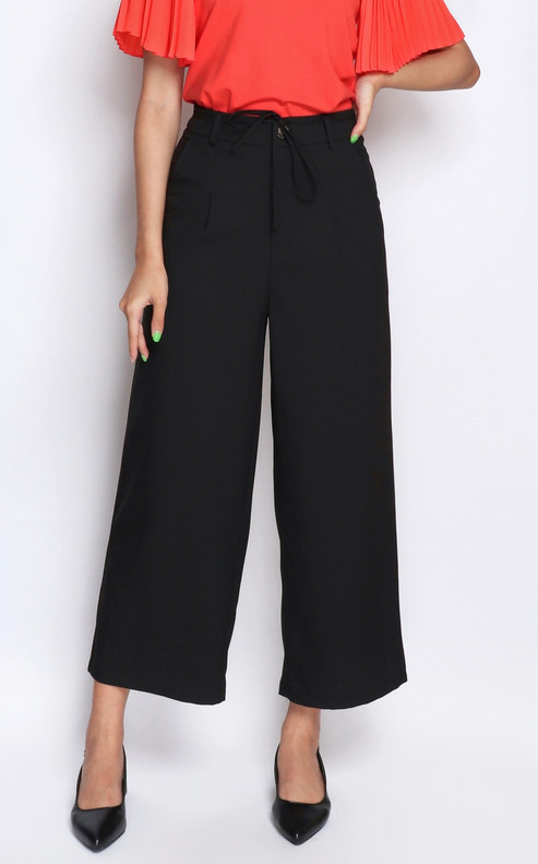 Ribbon Tie Long Pants - Black