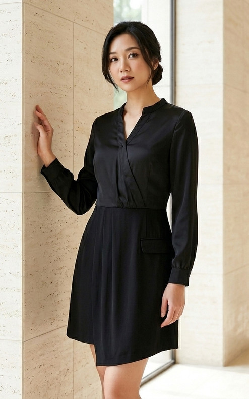 Faux 2-piece Shirt Dress - Black