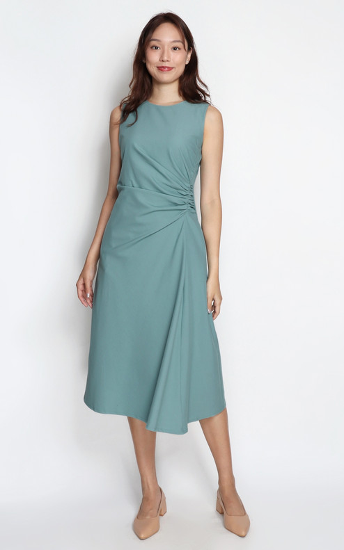 Side Ruched Flare Dress - Blue Seafoam