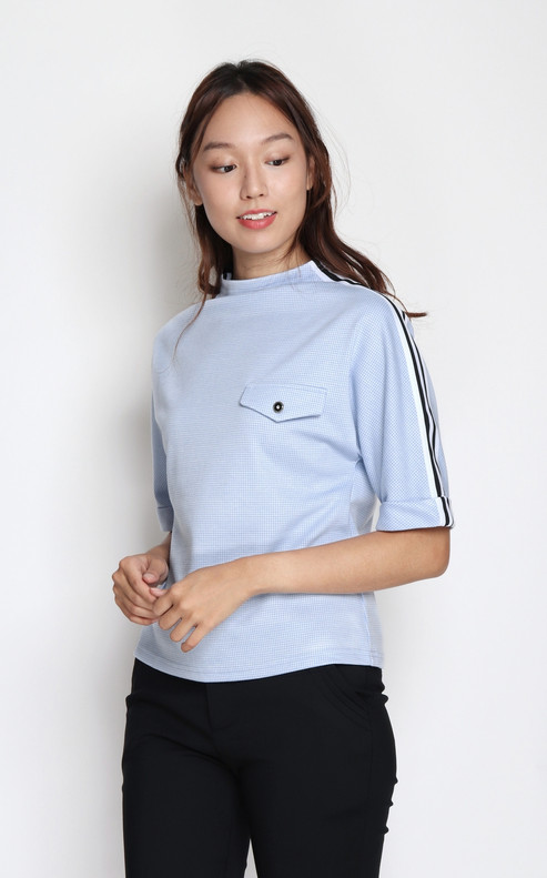 Houndstooth Mock Neck Top - Blue