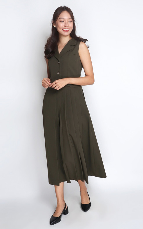 Asymmetrical Tux Midi Dress - Olive