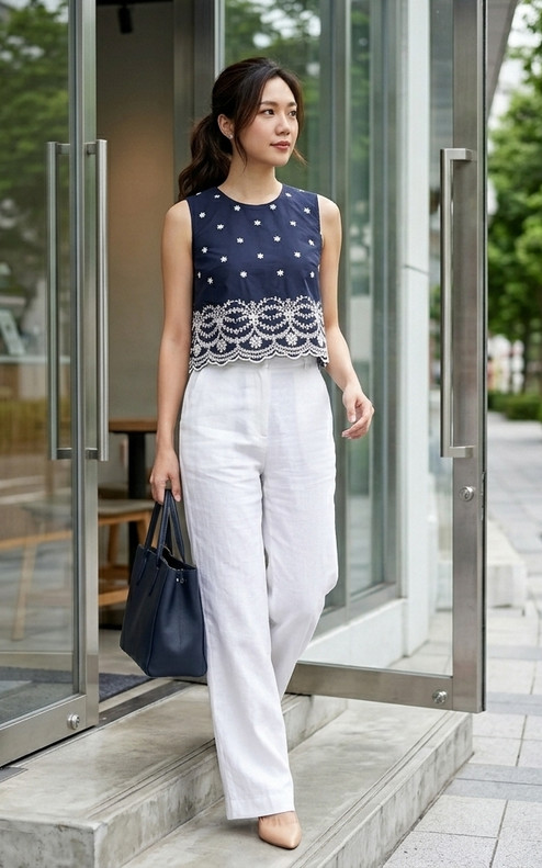 Embroidered Scallop Top - Navy