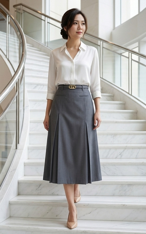 Inverted Pleats Midi Skirt - Grey