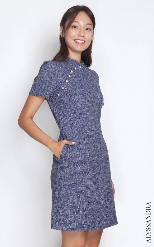Tweed Cheongsam - Indigo | Modern Cheongsam Singapore | ALYSSANDRA