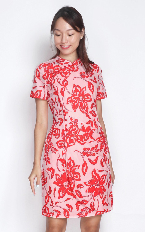 Side Ruched Porcelain Print Cheongsam - Red