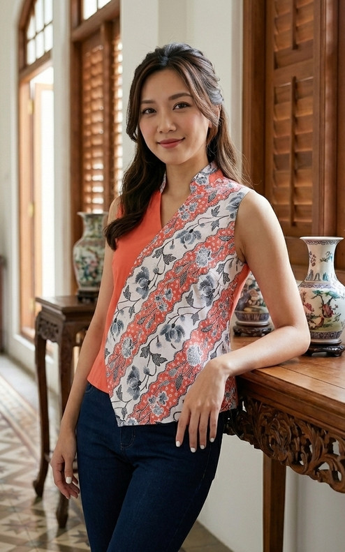 Contrast Batik Overlap Top - Orange