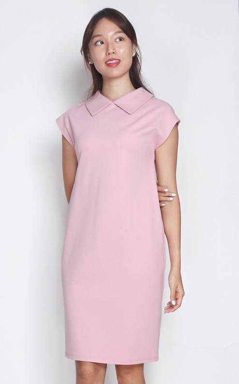 Foldover Collar Shift Dress - Dusty Pink