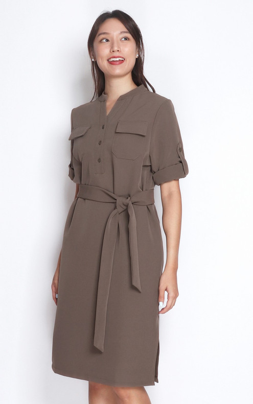 Notch Neck Utility Dress - Mocha