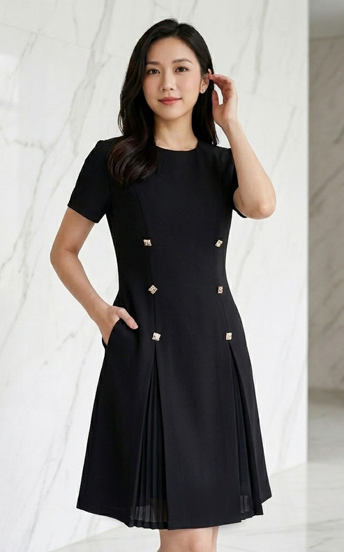 Pleated Chiffon Panel Work Dress - Black