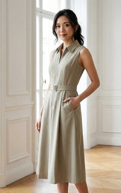 Zipper Box Pleated Dress - Sage