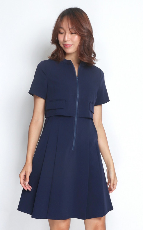 Dual Layer Zipper Dress - Navy