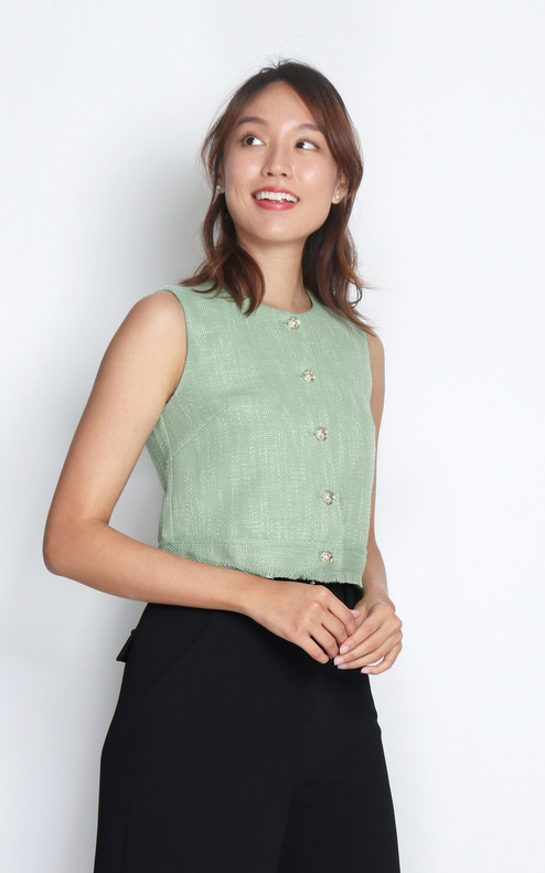 Cropped Tweed Vest Top - Green