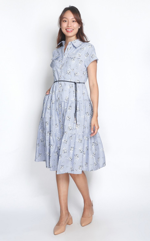 Striped Floral Midi Dress - Blue