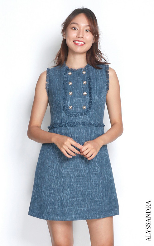 Buttons Tweed Dress - Blue