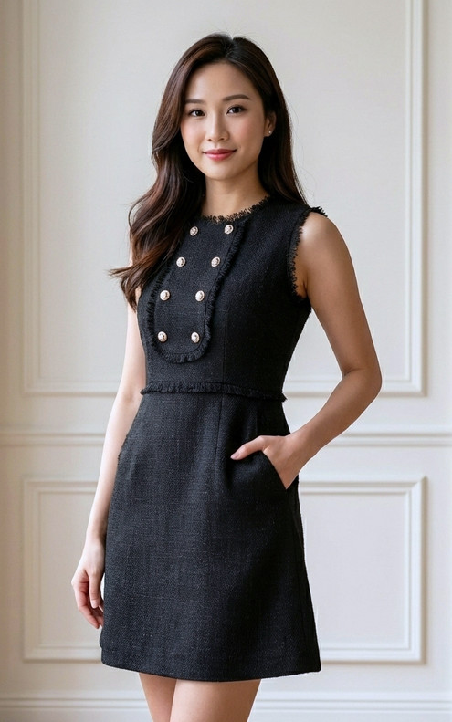 Buttons Tweed Dress - Black