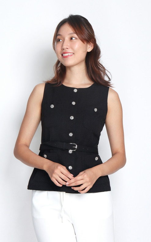 Belted Tweed Top - Black
