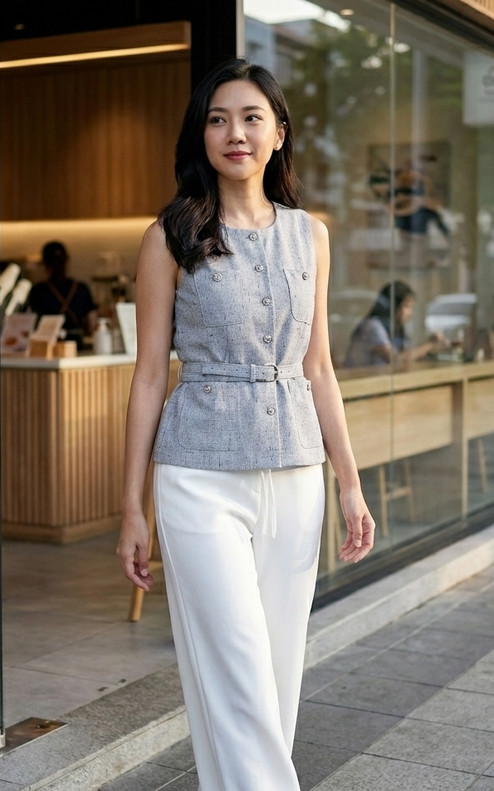 Belted Tweed Top - Grey