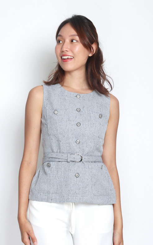 Belted Tweed Top - Grey