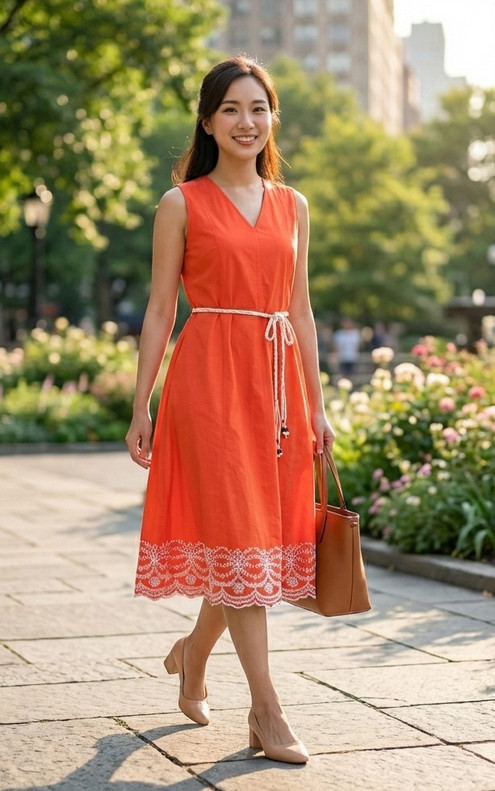 Giselle Embroidered Hem Dress - Tangerine