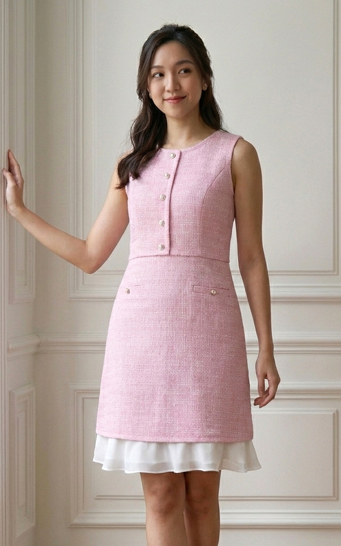 Sophie Tweed Frill Hem Dress - Pink